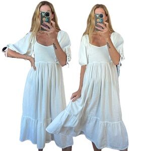 Cotton Balloon Sleeve Maxi Midi Boho Shirred Square Neckline Summer Ruffle Dress